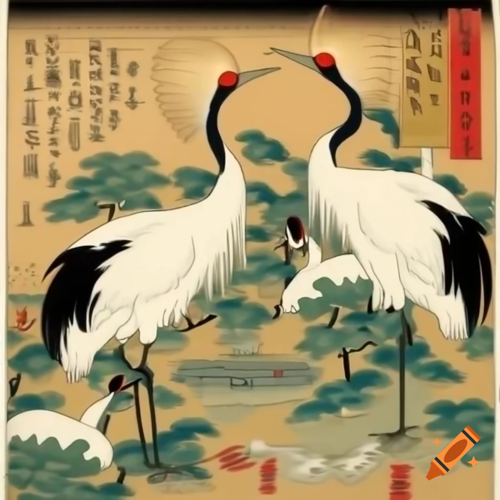 Cranes depicted in traditional Japanese art style