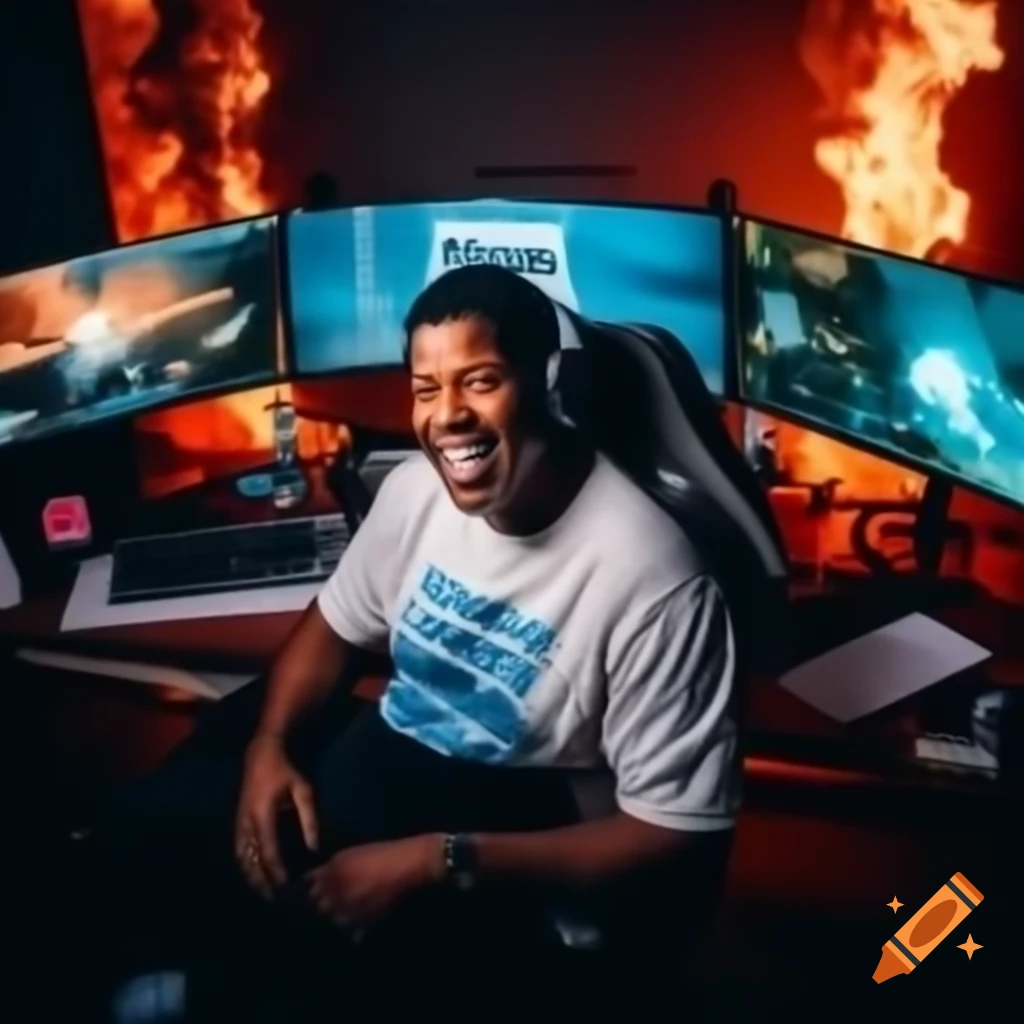 Denzel Washington gaming with exploding computers in backdrop