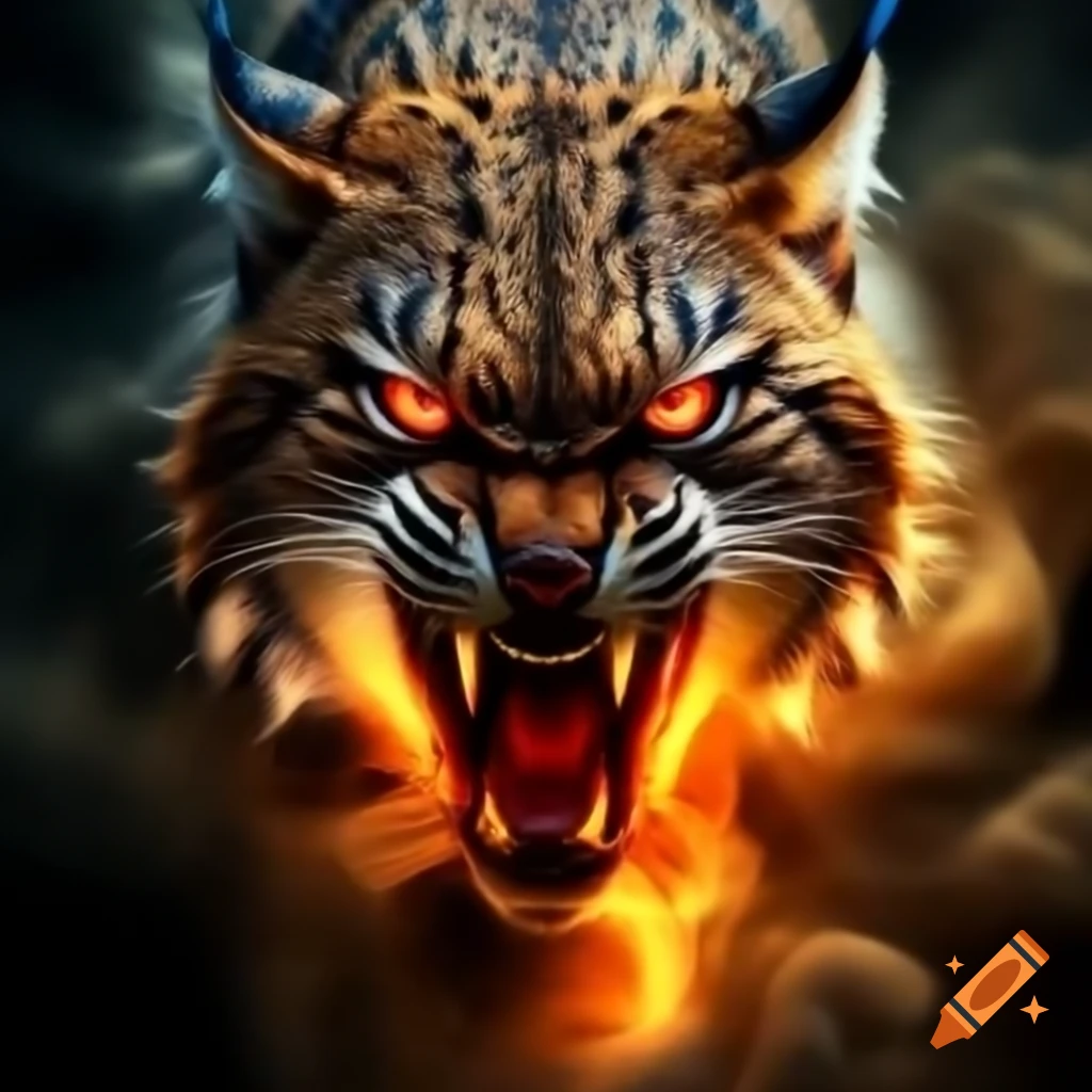 Lynx visage emerging from gold mist vortex with glowing red eyes