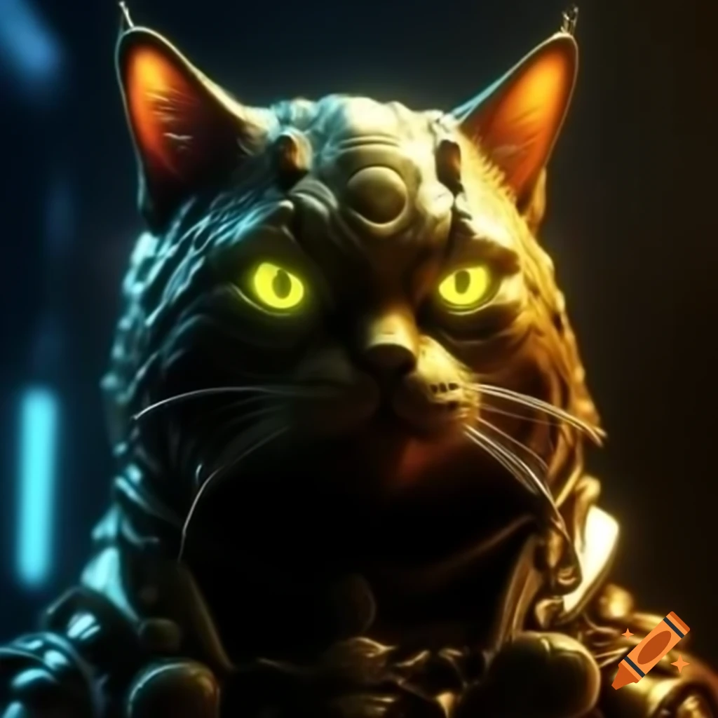 Glowing golden evil cat deity in cyberpunk style