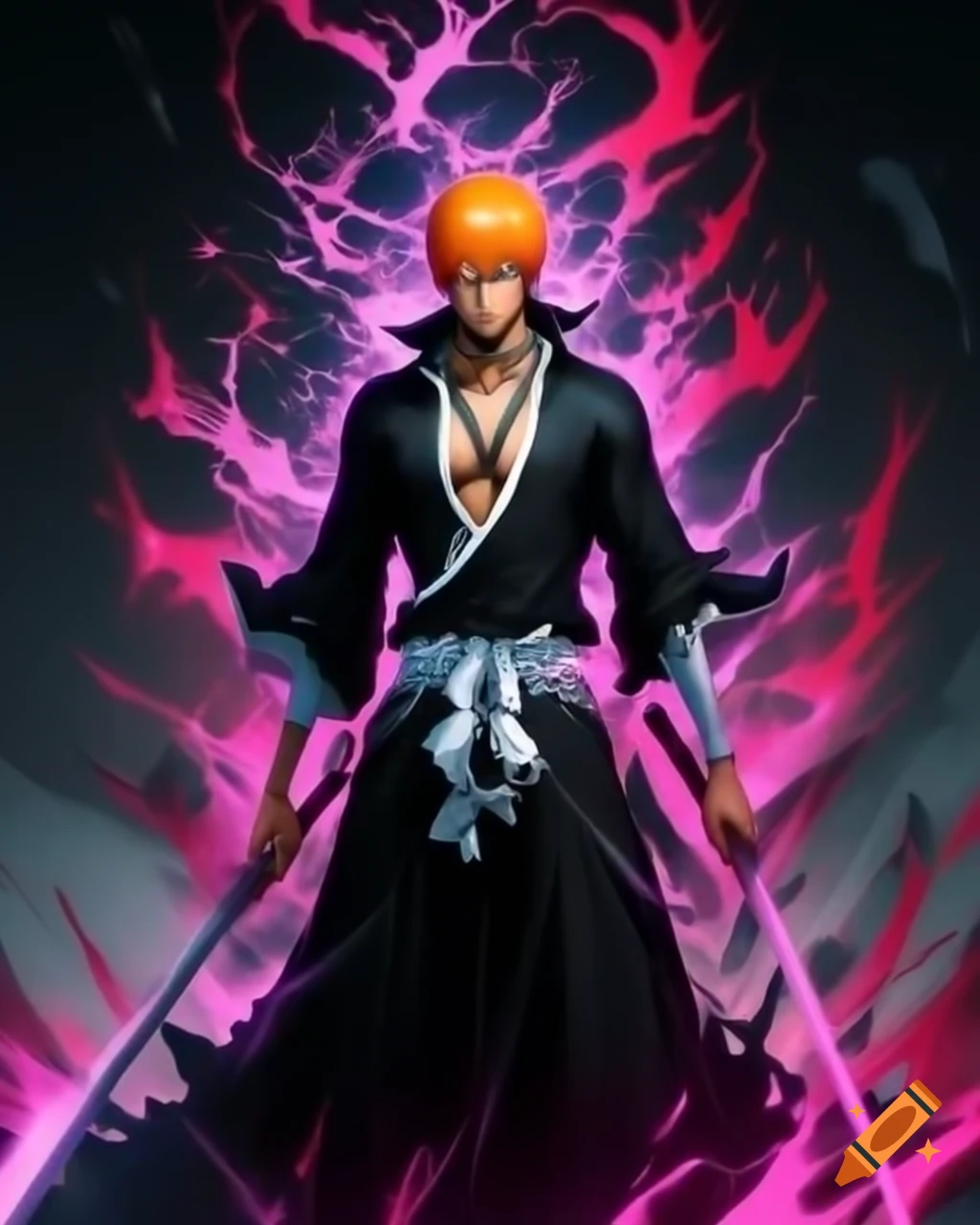 Ichigo Kurosaki in true bankai form with intense spiritual pressure
