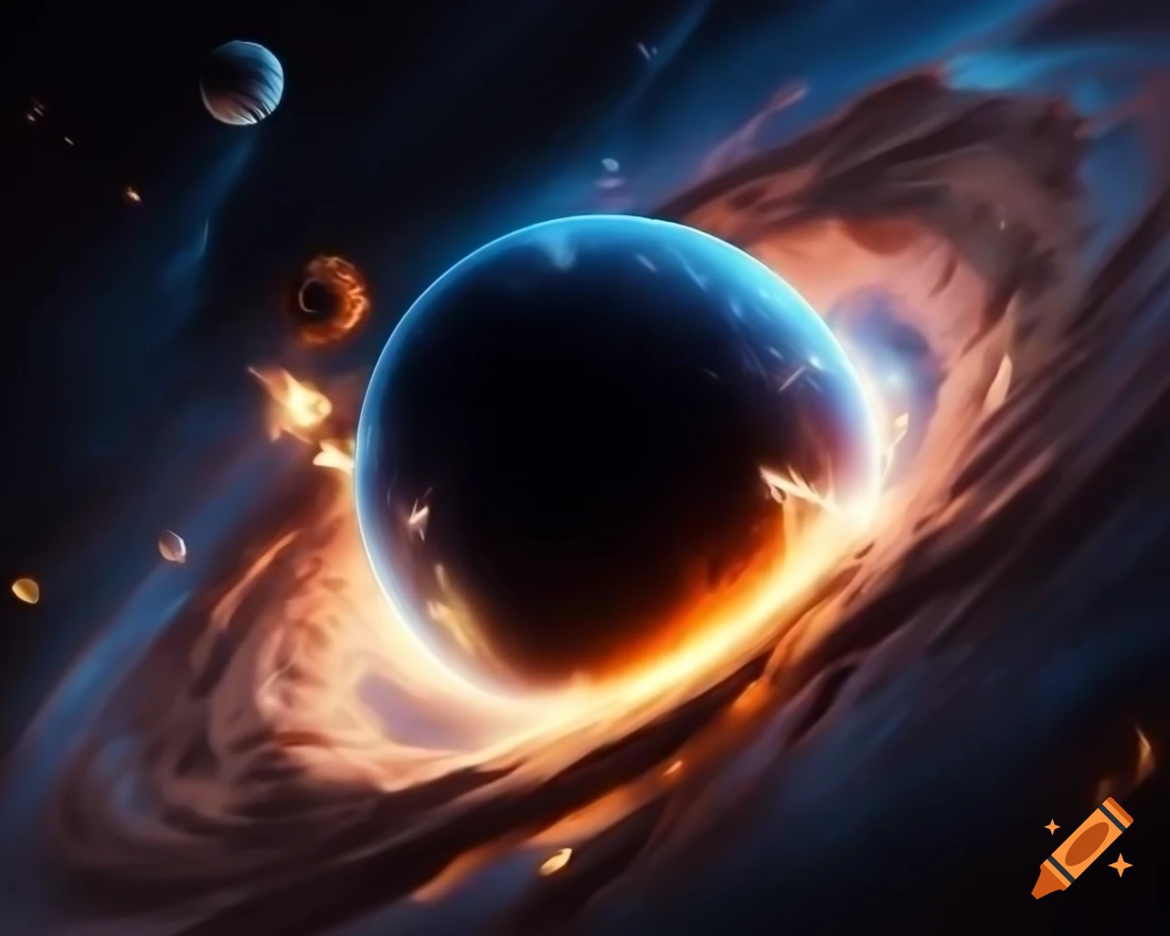 Realistic black hole in star-filled space with artistic lens flare