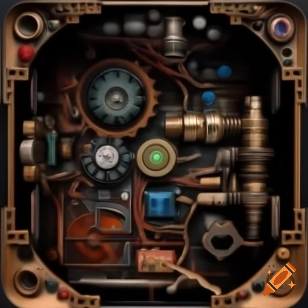 Intricate interior of a mystical machine with brass and copper components, wires, and gears