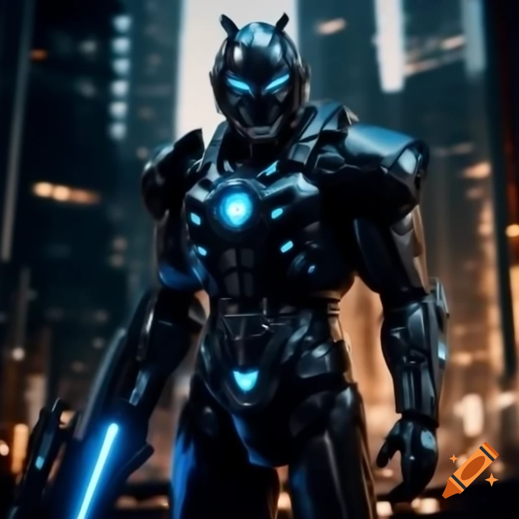 Warrior in black and cobalt armor with cybernetic enhancements against cityscape