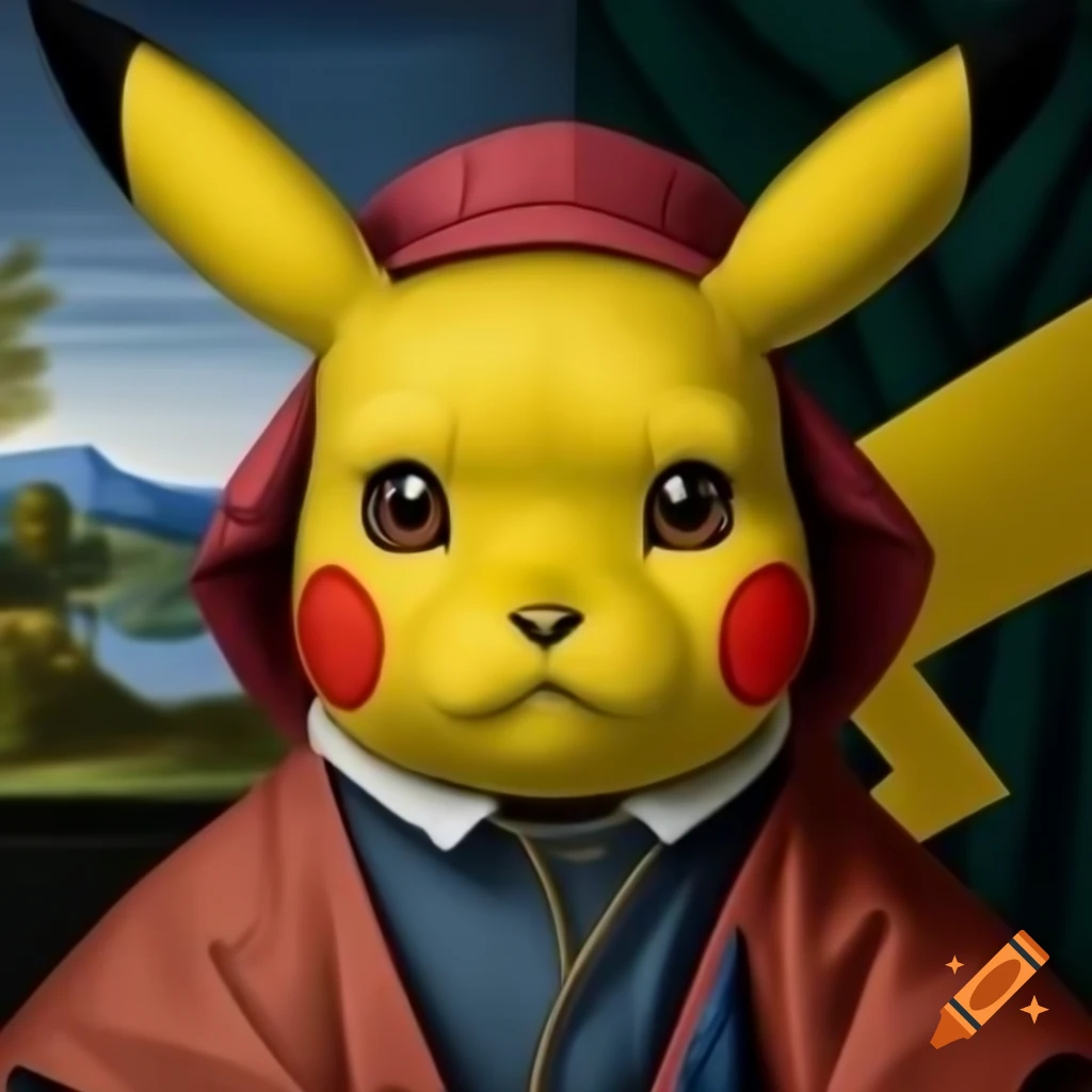Pikachu in Renaissance style portrait wearing attire with a lake background
