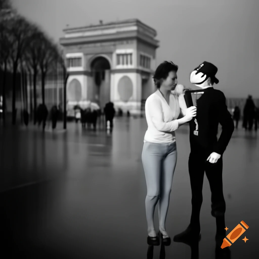 Woman in white shirt and blue jeans talking to mime on rainy Paris day with Arc de Triomphe