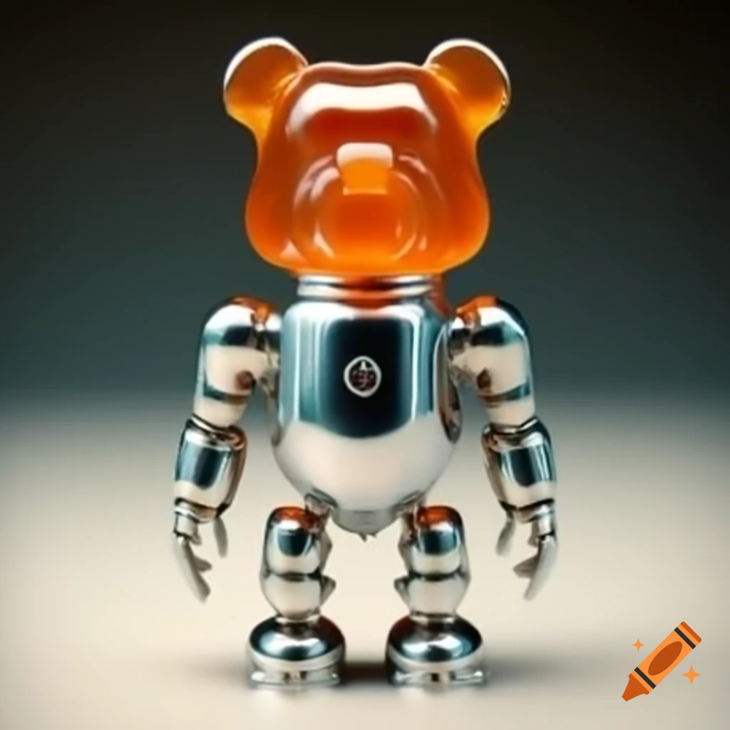 Robot with shiny silver body and orange gummy bear head