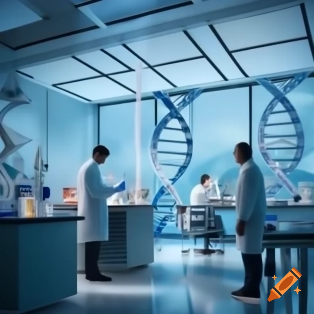 Researchers in ultra modern laboratory with DNA double helix and chromosomes