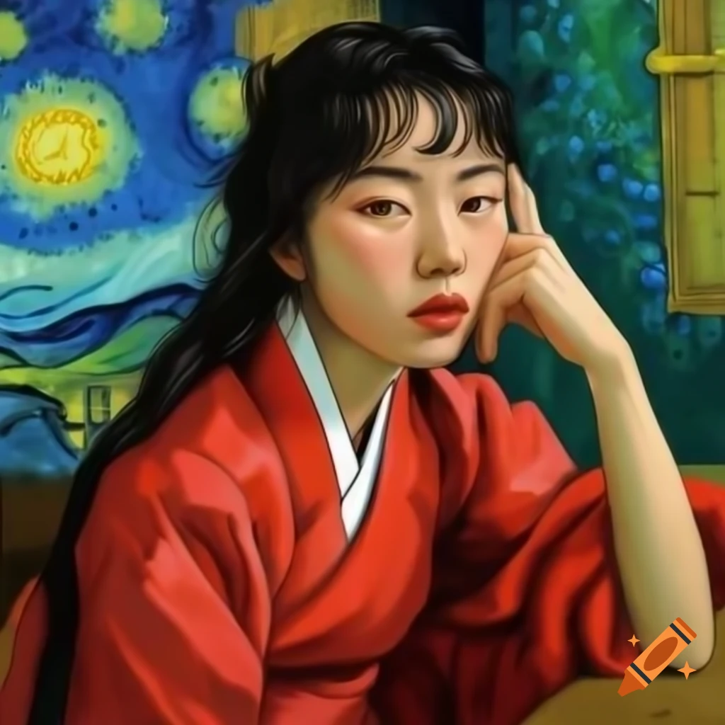 Portrait of Korean woman in red, animated style, watercolor and Van Gogh influences