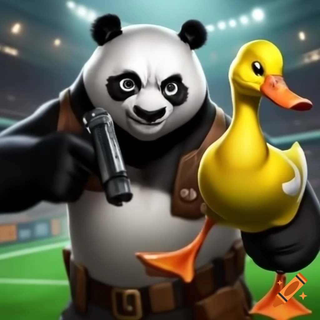 Panda aiming gun at yellow duck in a soccer game scene