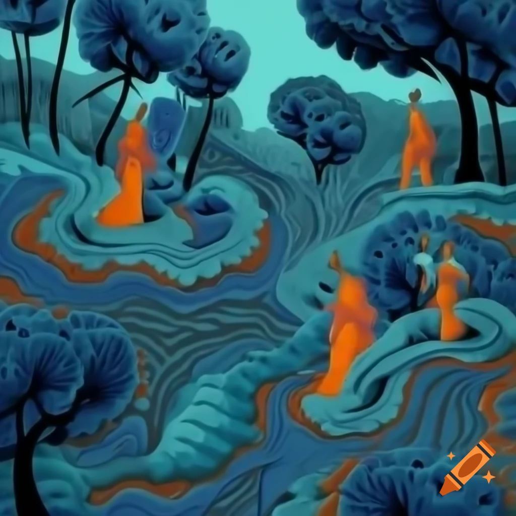 Surrealist nature landscape with people in bright colors and fractal patterns