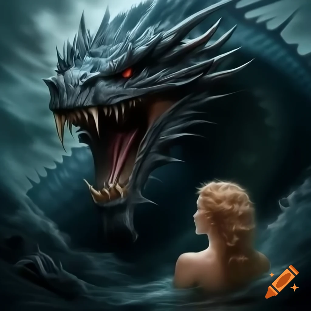 Angry Black Sea dragon with calm woman observing from distance