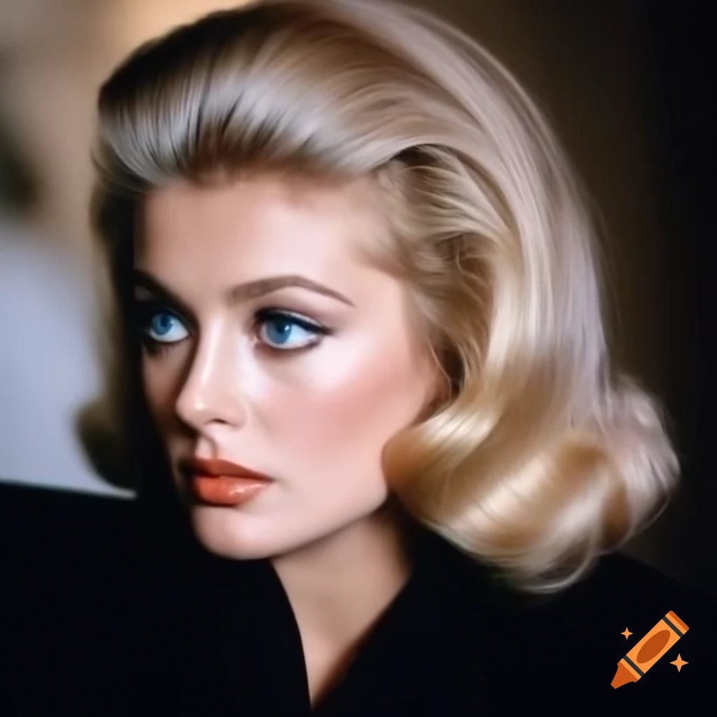 Hyper-realistic photograph of a beautiful European actress from 1963 with porcelain skin and blue eyes
