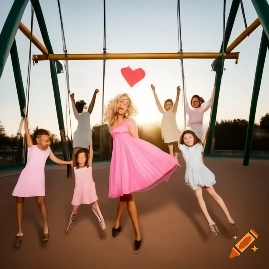 Carefree woman in pink dress swinging joyfully in playground