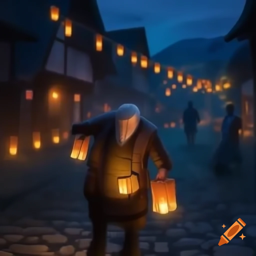 Middle aged man placing glowing lanterns in picturesque village at dusk