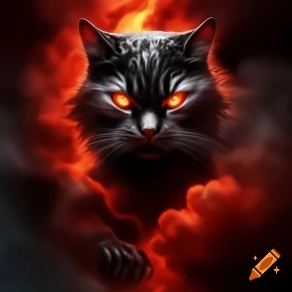 Feline face emerging from crimson mist with gleaming eyes