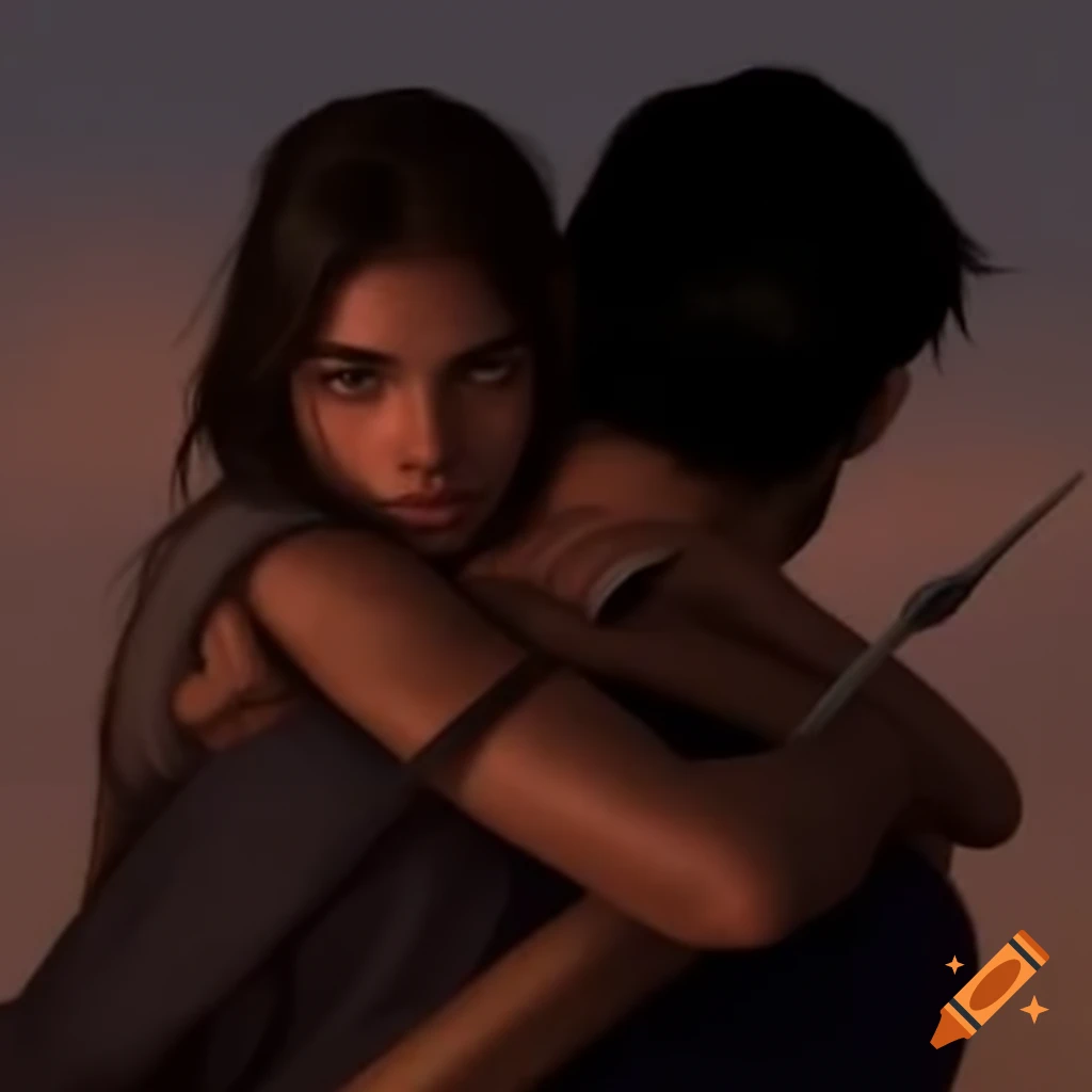 Symbolic scene of a man and woman embracing with arrows positioned