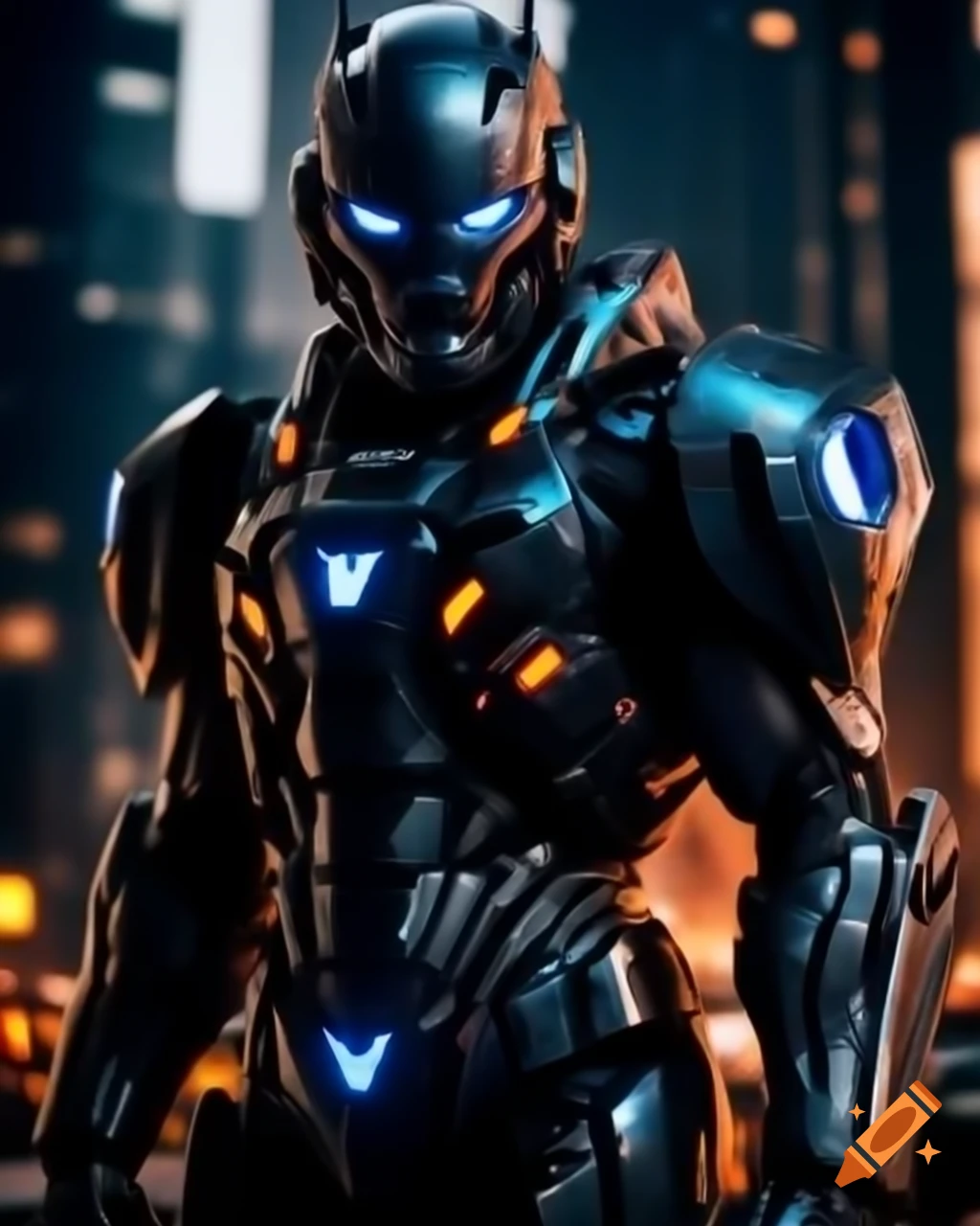 Grim warrior in black and cobalt armor against shimmering cityscape