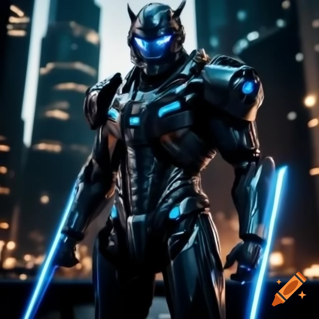 Warrior in black and cobalt armor against cityscape with cybernetic enhancements