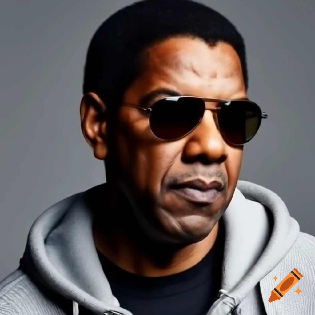 Denzel Washington in sunglasses and grey hoodie against grey background