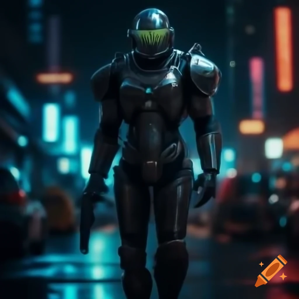 Cybernetic soldier in midnight armor silhouetted against iridescent city with neon lights