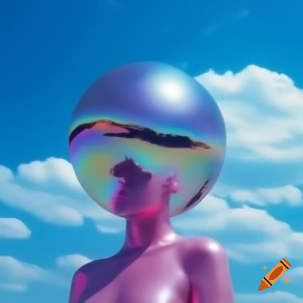 Pop surreal photography featuring iridescent statue against bright sky