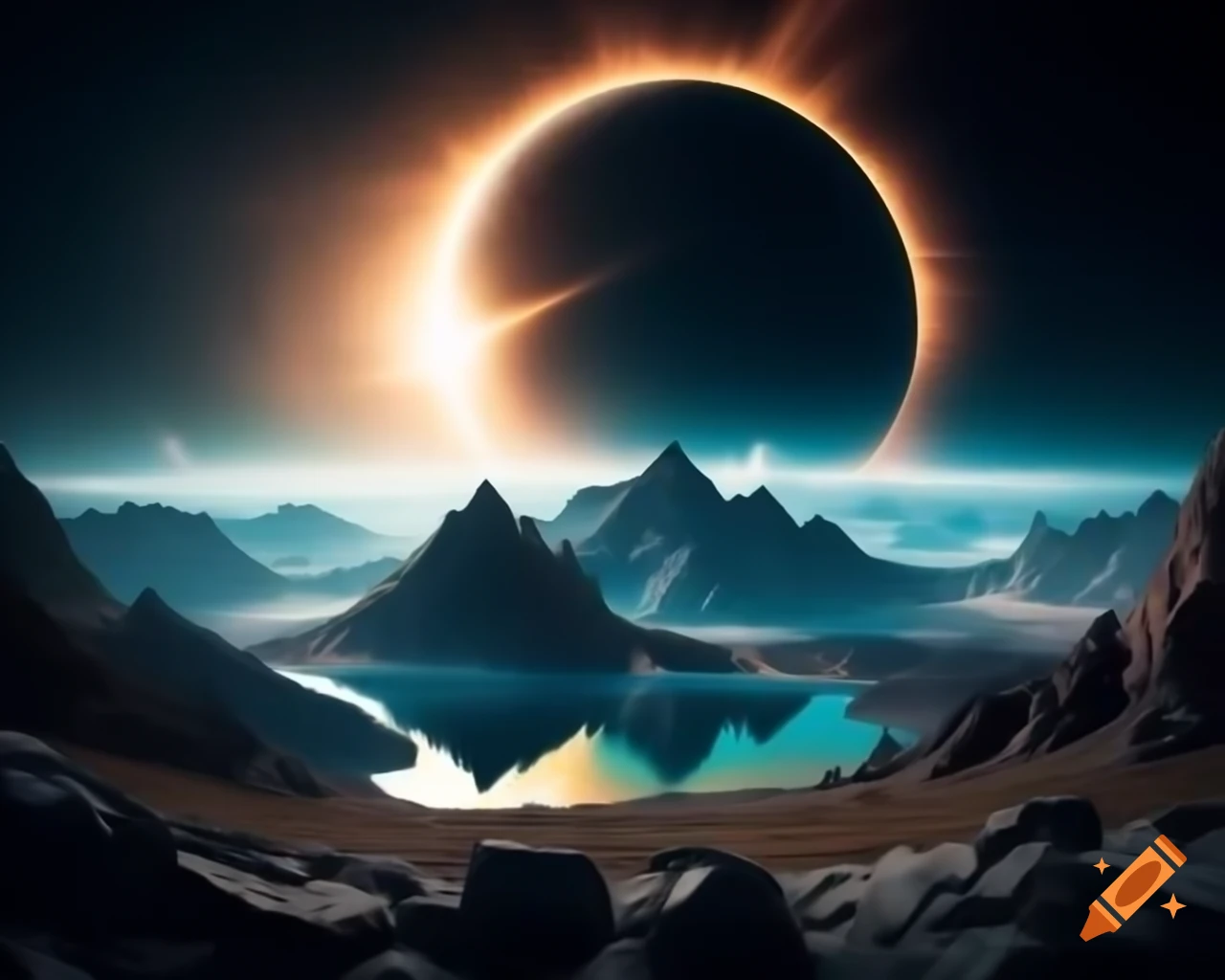 3D representation of mountain lake at sunset with sun rays and island