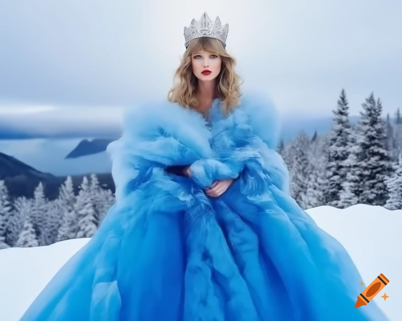 Taylor Swift in regal blue gown with ice strands in hair, gazing at mountains while albino fjord grazes