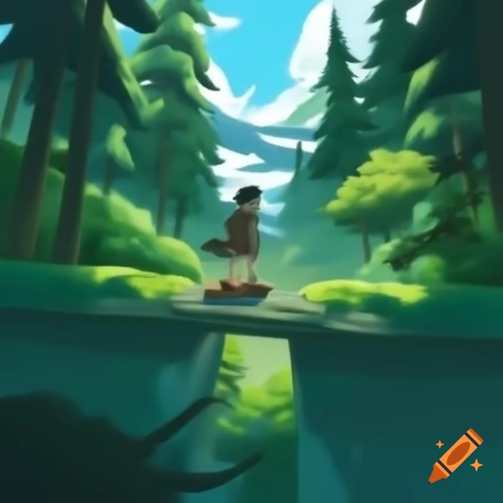OneWheel gliding through Pacific Northwest forest in Anime style