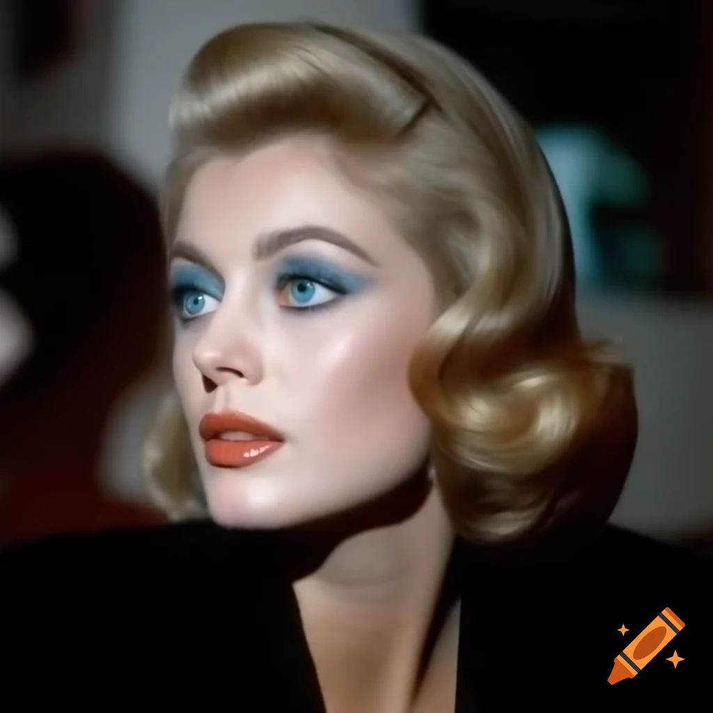 Hyper-realistic photograph of a European actress from 1963 with porcelain skin and blue eyes