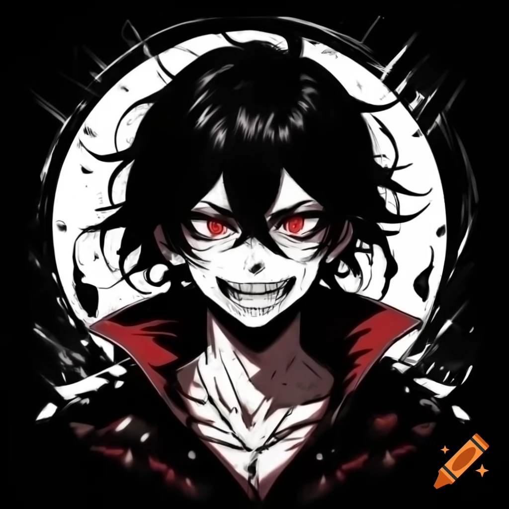 Anime vampire with long black hair and visible fangs smiling under moonlight