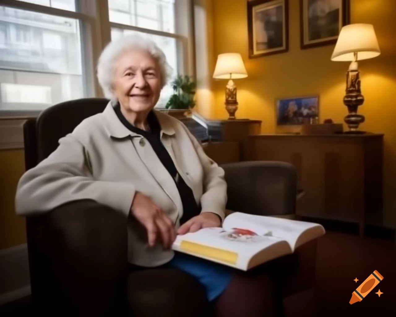 Smiling woman in cozy room with journal and family photos, warm lighting