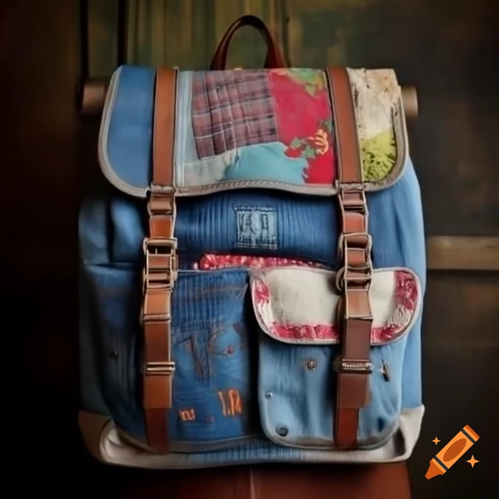 Patchwork and embroidered old jeans backpack