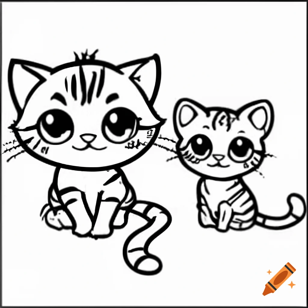 Two playful kittens awaiting color in a coloring book