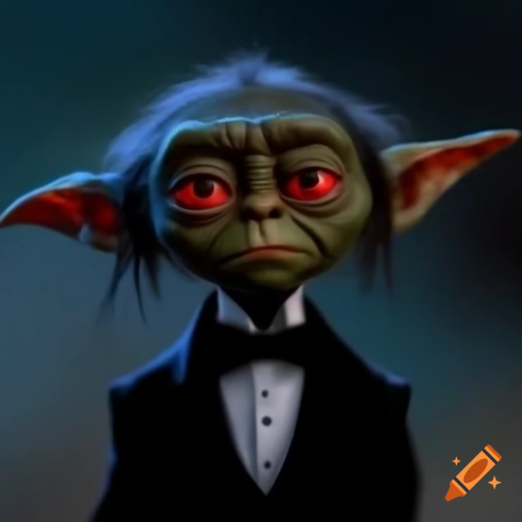 Small sad black goblin with red eyes in a tuxedo