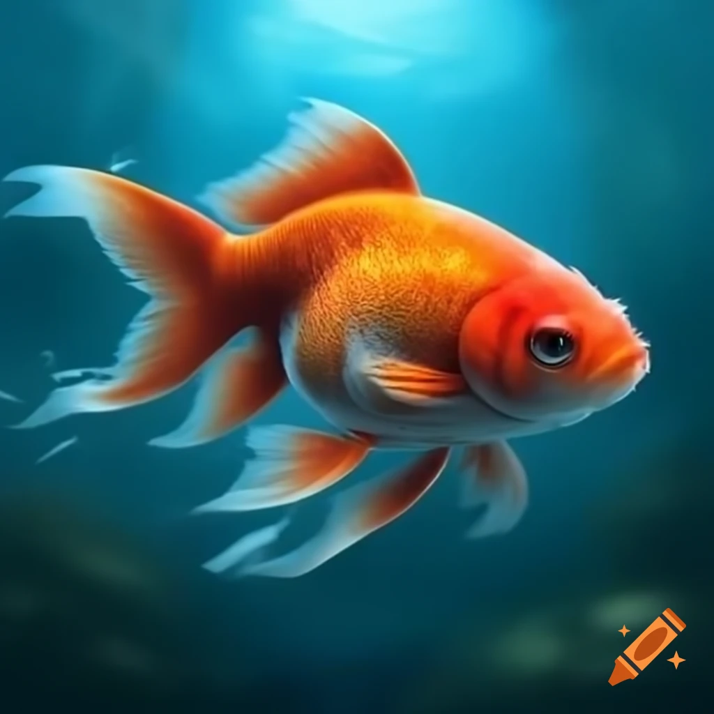 Strong goldfish jumping out of blue water, video game cover art