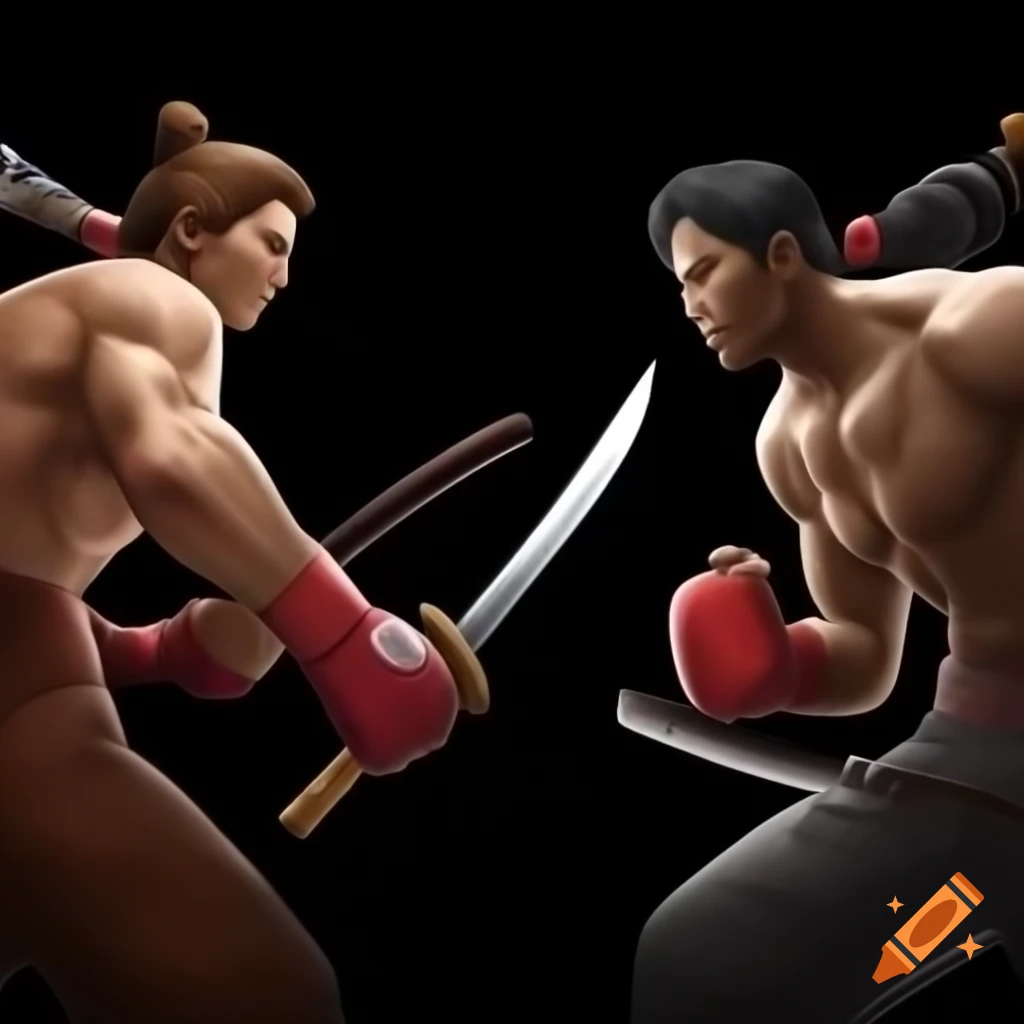 Fighting game logo with two characters facing off, one with katana and the other with butcher knife
