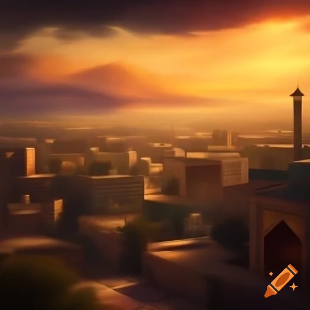 Shiraz city skyline at sunrise with warm sunlight and painterly style