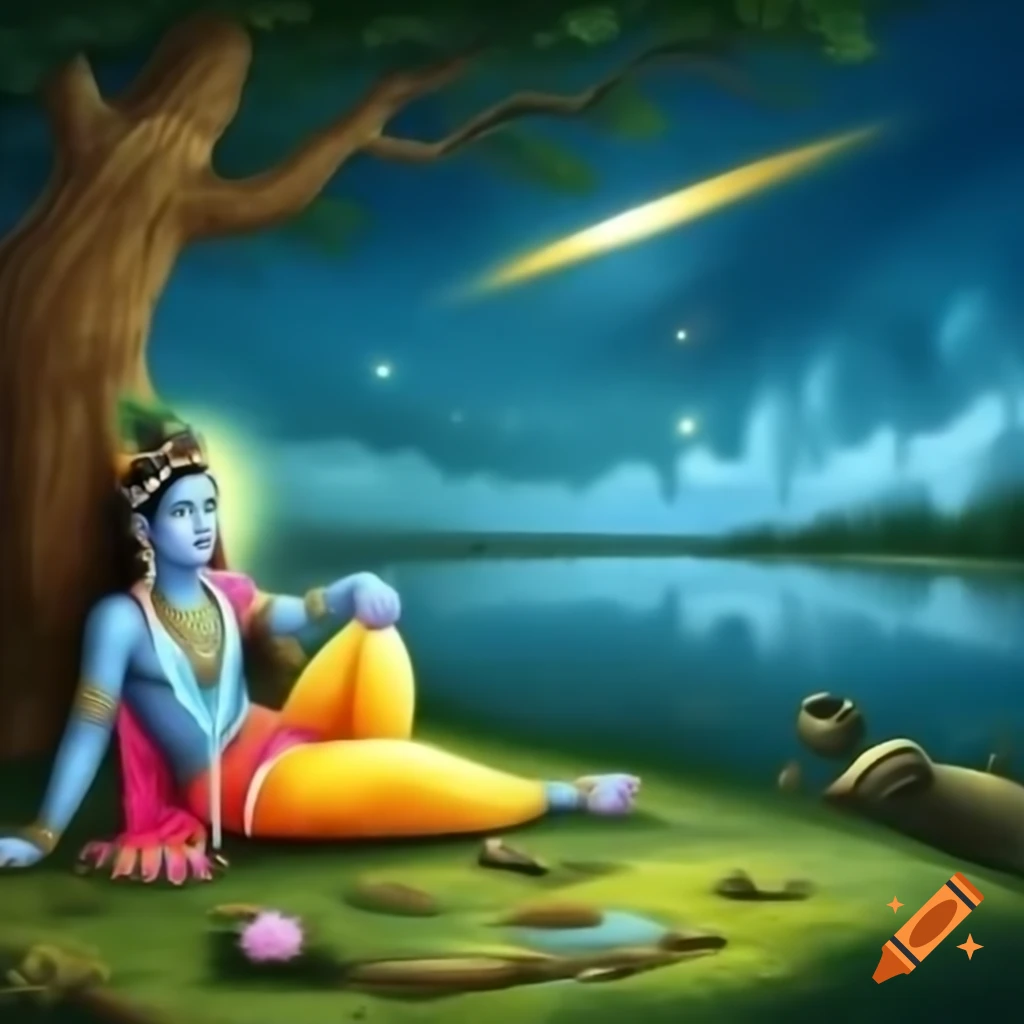 lord-sri-krishna-playing-golden-flute-under-tree-beside-pond-in-starry