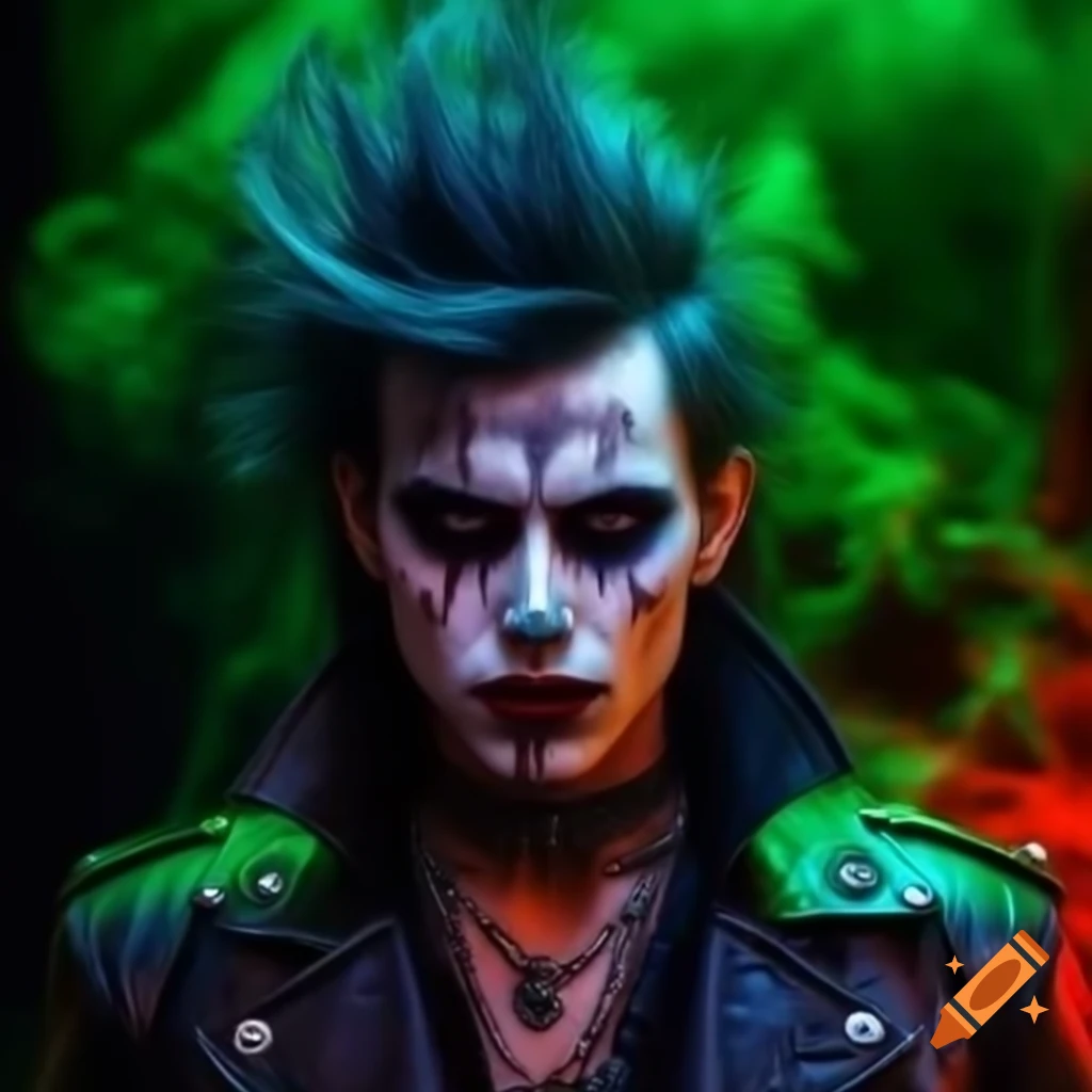 Psychedelic punk rock vampire with messy hair and piercings against green smoke