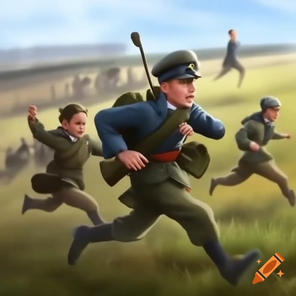 Boy running from Nazis in wartime setting, focusing on historical conflict
