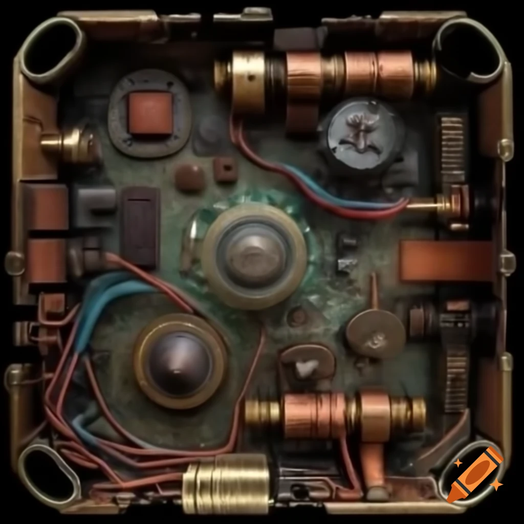 Intricate interior of an arcane machine with brass and copper components