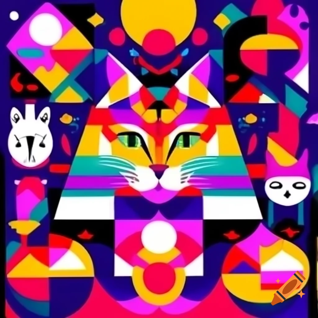 Geometric abstract art featuring multiple cats
