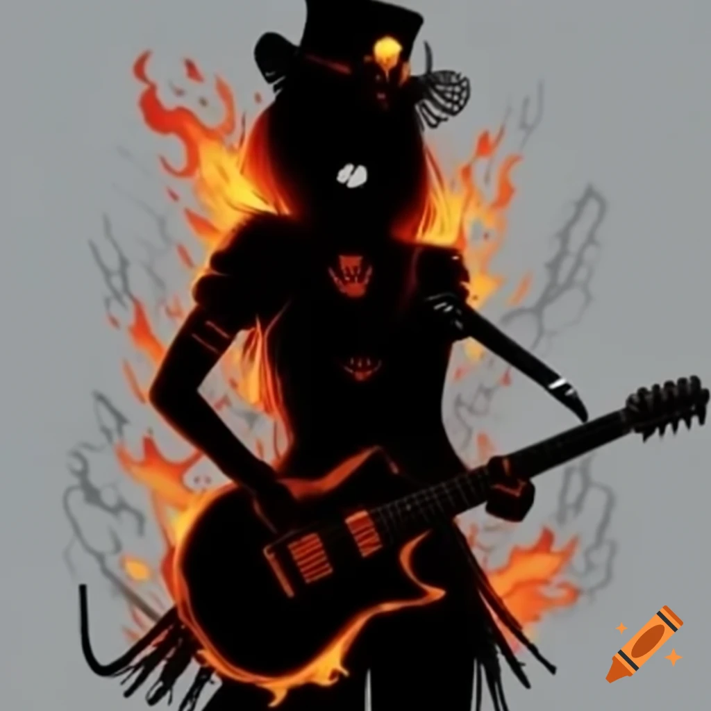 Silhouette of woman in goth outfit playing electric guitar surrounded by flames, artistic drawing