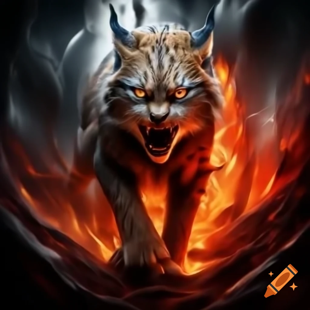 Lynx emerging from swirling vortex of fire with fiery red gaze