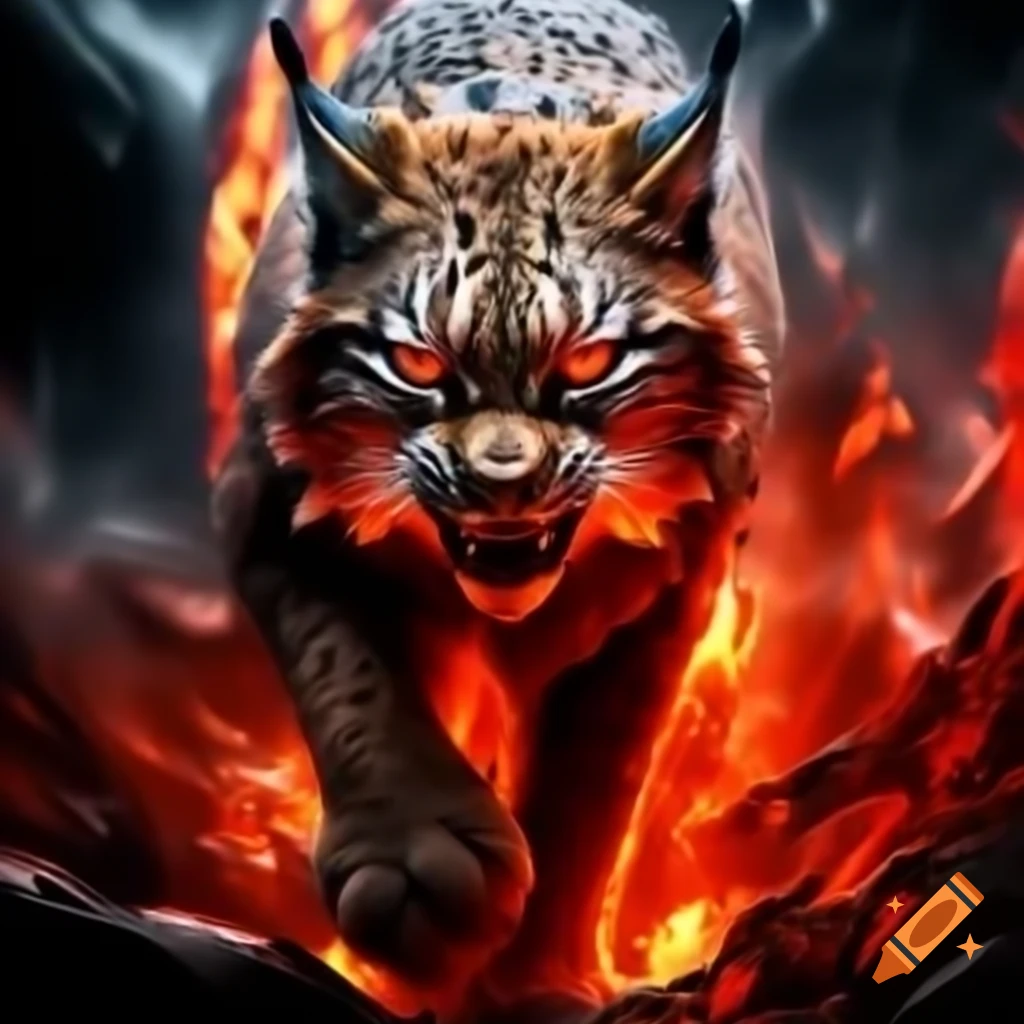 Photorealistic lynx with fiery red eyes emerging from swirling red flames