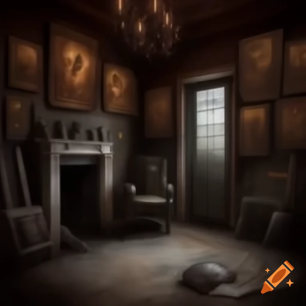 Scary house room with demonic drawings on walls