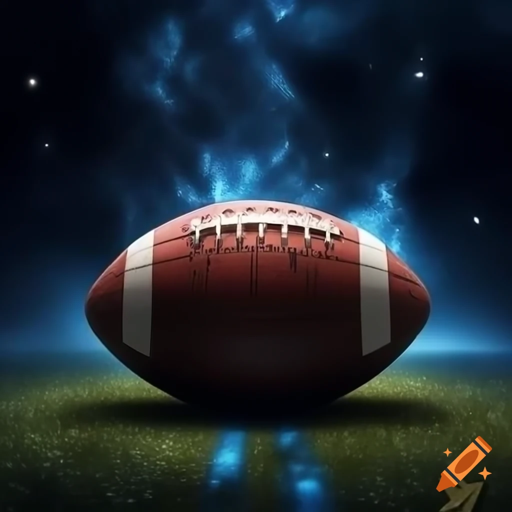 Leather-bound football flying through a cosmic scene with galaxies and fireflies