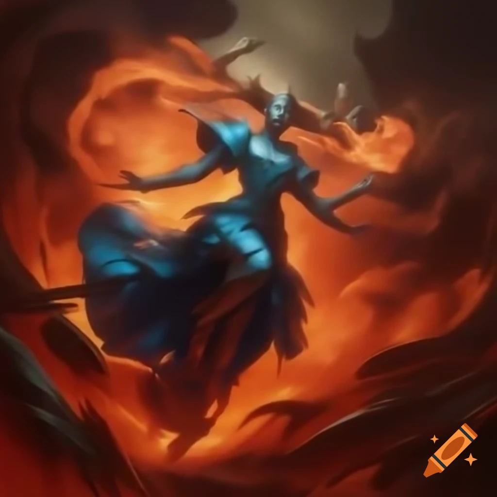 Powerful figure in azure and jet walking on lava fields