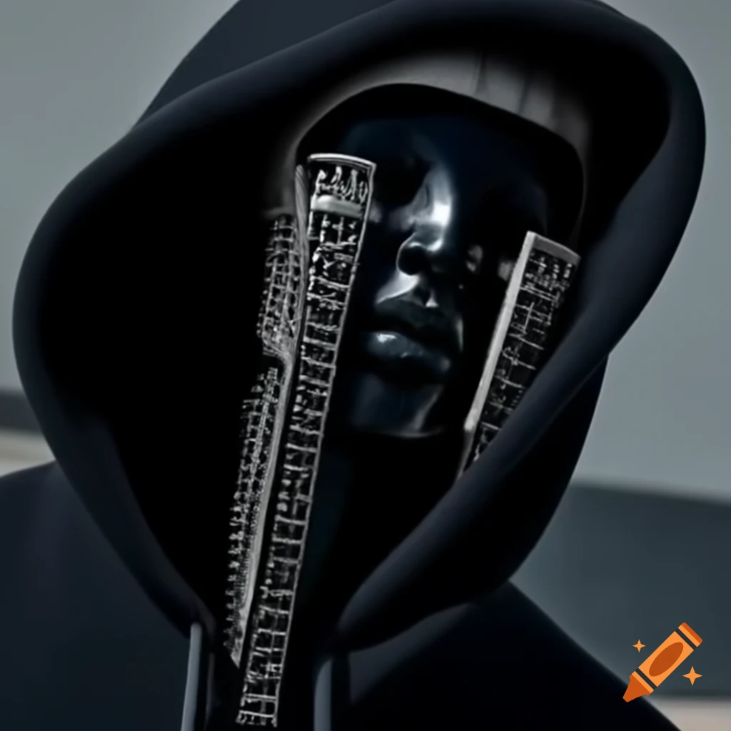 Mannequin in steel hoodie with blacked out appearance